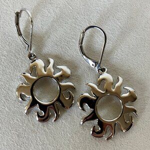 Sun Ray Earrings Polished Silver Tone Metal Abstract Sunburst Pierced Dangle
